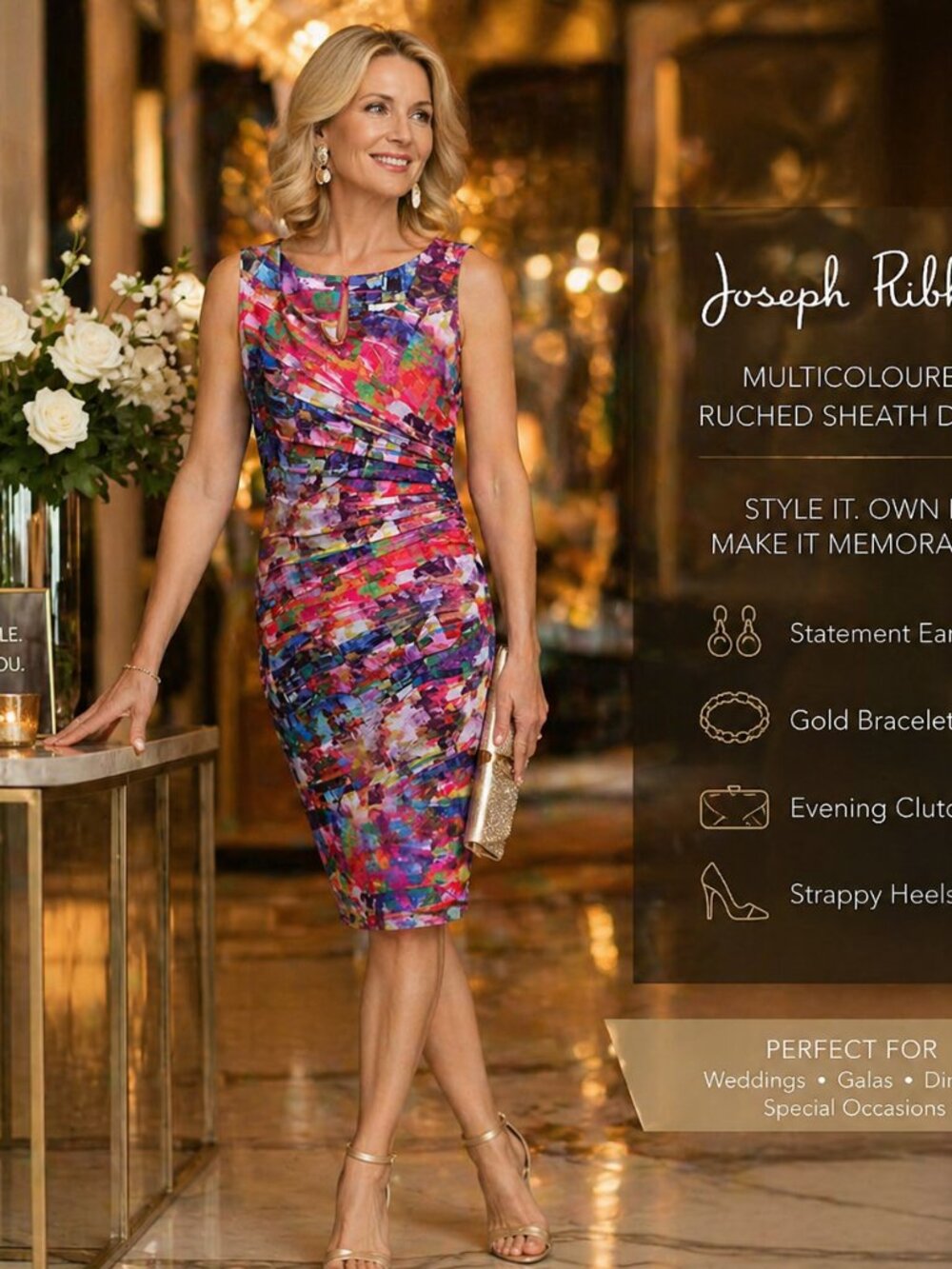 Joseph Ribkoff Multicolor Ruched Sheath Dress | Cocktail Gala Wedding Guest Chic